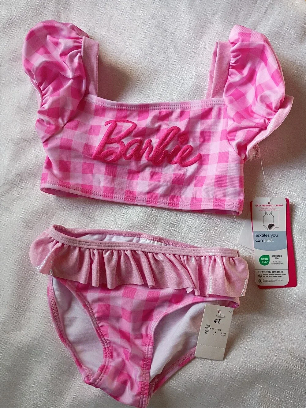 Barbie Girl's Pink Gingham Ruffle Two-Piece Swim Set Bikini Tankini Size 4